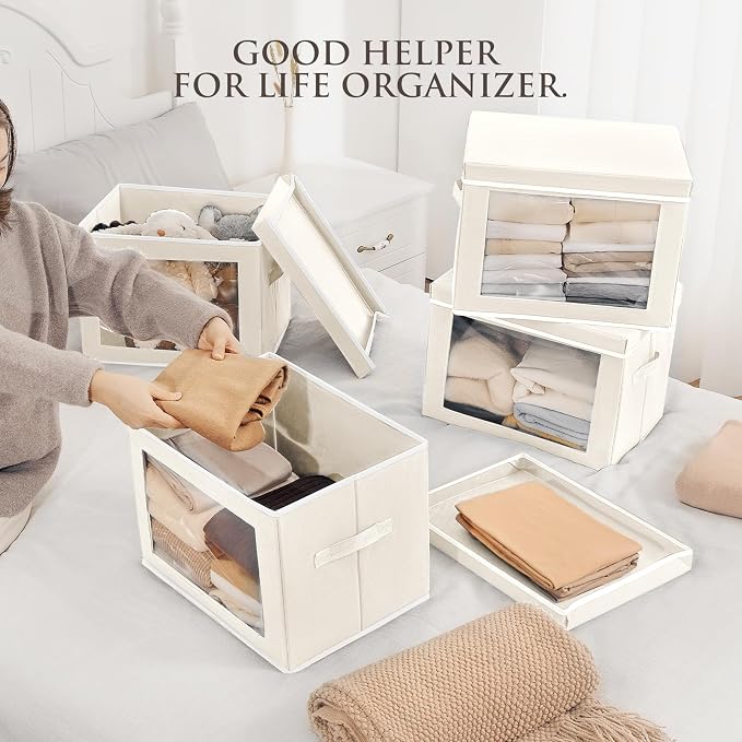 Homsorout Fabric Storage Bins with Lids, Decorative Storage Boxes, Closet Storage Bins with Window, Storage Baskets for Closet, Closet Organizers for Towel, Clothes, Beige, 4-Pack
