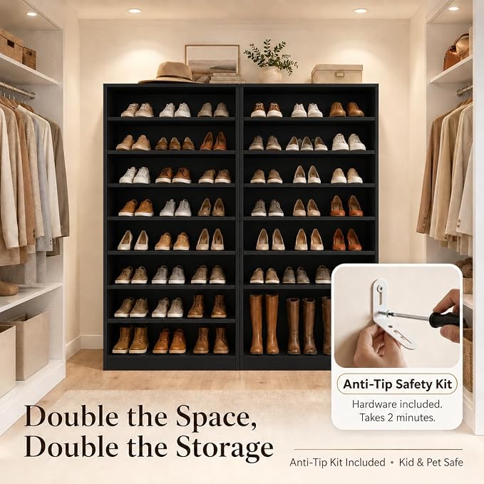 9-Tier Tall Shoe Rack Cabinet for Closet & Entryway, Black | Wooden Narrow Shoe Organizer Cabinet with Adjustable Shelves, Freestanding, for Bedroom, Hallway