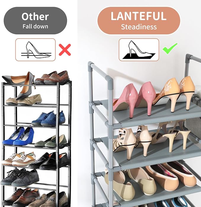 LANTEFUL 10 Tiers Tall Shoe Rack 20-25 Pairs Boots Organizer Storage Sturdy Narrow Shoe Shelf for Entryway, Closets with Hooks, Grey