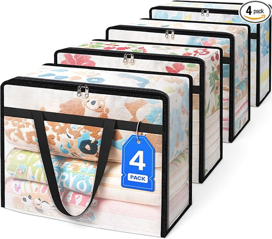 BlissTotes 4 Pack Clear Clothes Storage Bags, Moving Bags, Foldable Blanket Storage Under Bed Storage Containers with Sturdy Zipper and Handle for Clothing, Comforter, Bedding, Sheet (60L)