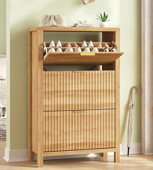 32" Fluted Shoe Cabinet Storage with 3 Flip Drawers for Entryway, Hallway | Hidden Shoe Rack Slim Freestanding Shoe Organizer with Legs for Hallway, Living Room, Oak