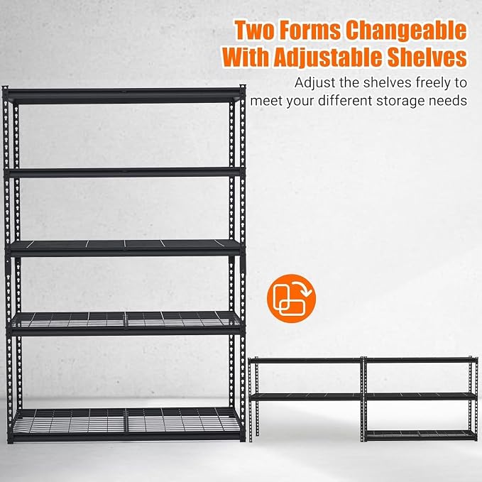 Garage Storage Shelves 5 Tiers, Heavy Duty Storage Shelving Racks with 2500 LBS Capacity, 48 in L x 24 in W x 72 in H Metal Adjustable Utility Shelving Unit for Garage Organization, Basement, Workshop