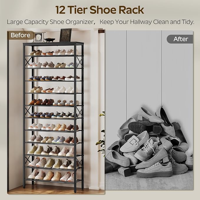YATINEY 12 Tier Shoe Rack, Large Capacity Shoe Storage Organizer Holds 48 Pairs, Sturdy and Stable, for Entryway, Hallway, Closet, Dorm Room, Black SS12BB