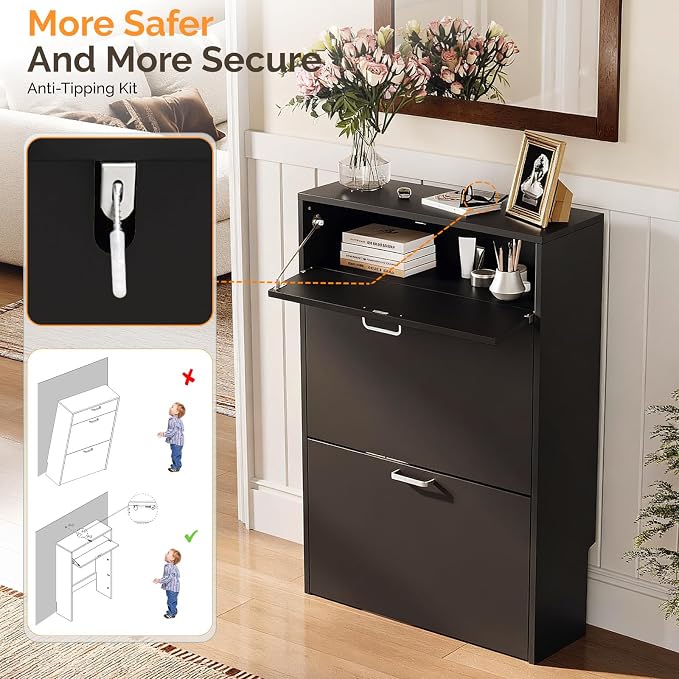 VINGLI Shoe Cabinet Storage for Entryway,Black Small Narrow Shoe Rack,25" W | 8–12 Pairs,Skirting Board Cutout,Drop-Down Drawer,9.4"D Slim,Modern Black,2 Flip Drawers,Adjustable & Removable Shelf