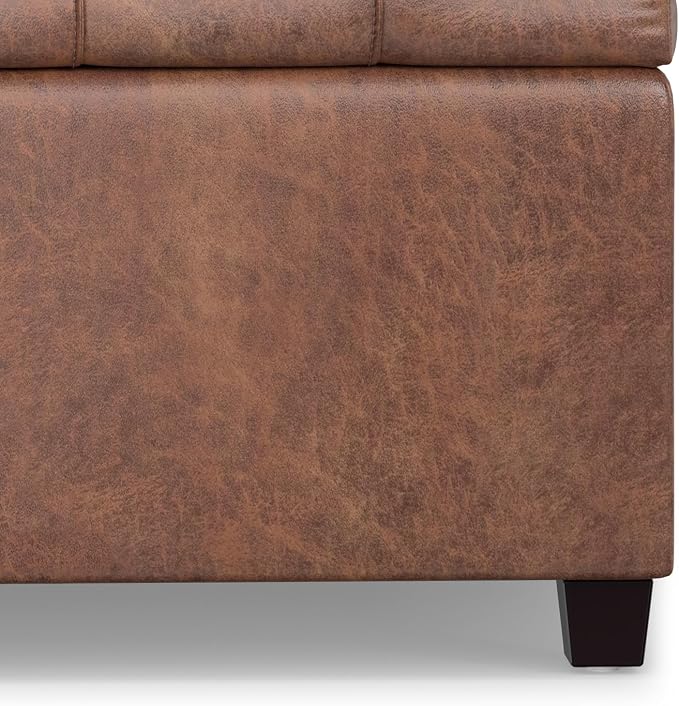SIMPLIHOME Sienna 33" Wide Vegan Leather Storage Ottoman in Midnight Black | Distressed saddle brown, transitional ottoman with tufting and lift-up lid; rectangle storage bench for living room.