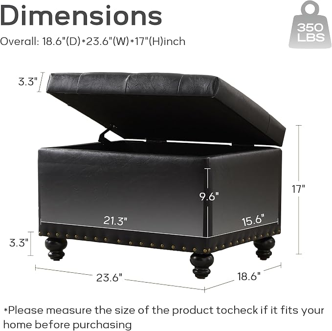 Zihanhome Leather Ottoman with Storage, Upholstered Button Tufted Ottoman Foot Rest, Foot Stools, 24" Rectangle Ottomans with Storage for Living Room, Bedroom, Dorms and Apartments (Black-PU)