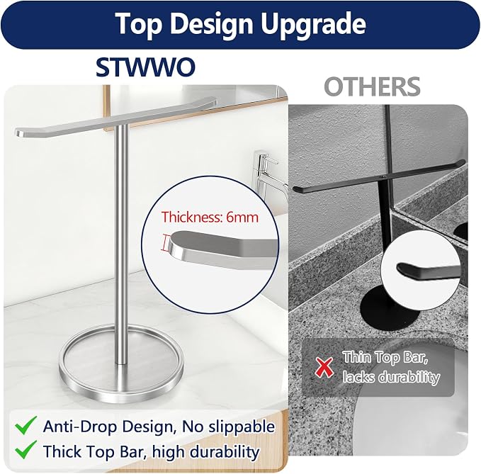 STWWO Hand Towel Holder, Stainless Steel Towel Holder Stand for Bathroom, Kitchen Countertop, T-Shaped Hand Towel Rack Stand, Brushed Nickel