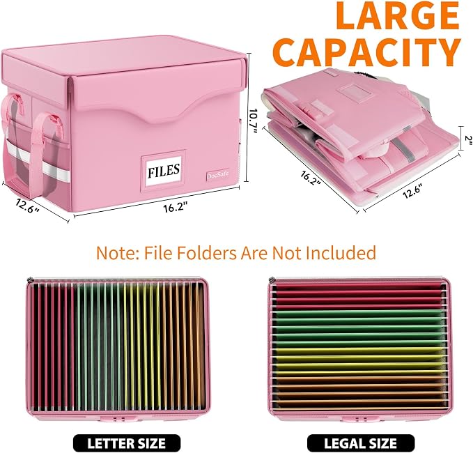 DocSafe 5200°F Fireproof Document Box with Lock,Heat Insulated File Organizer Storage with Pockets,Collapsible Portable Home Office File Safe Box with Handle for Hanging Letter/Legal Folders, Pink