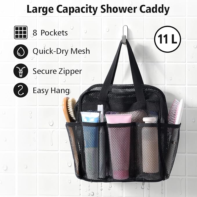 Mesh Shower Caddy Portable with Zipper - 2-Handle Shower Bag for Dorm | 8 Deep Pockets, S-Hook, Quick-Dry Mesh, College Dorm Room Essentials for Girls, Camping, Gym, Travel & Bathroom, Black