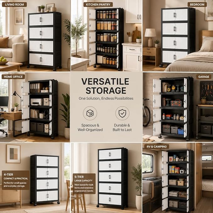3 Tier Foldable Storage Cabinet with Wheels and Magnetic Doors | Premium PP Material Large Storage Organizer, Space-Saving Utility Storage for Home, Apartments, Dorm, Office, Rv