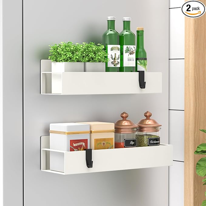 HuggieGems 2 Pack Magnetic Spice Storage Rack Organizer for Refrigerator and Oven, Cream White Fridge Organizers and Storage
