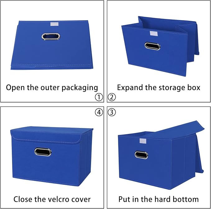 Linen Fabric Foldable Collapsible Storage Cube Bin Organizer Basket Fabric Storage Bins with Lid, Leather Handles, Removable Divider for Home, Closet, Dark Blue 3Pcs