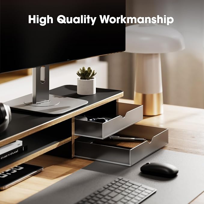 Fenge Monitor Stand, Desk Computer Riser with Frosted Storage Drawer, Black | 42.5 Inch Dual Monitor Riser, 2 Tiers, Cable Management, Desk Shelf for 2 Monitors, Ultrawide Screen, Laptop, TV, Home Office