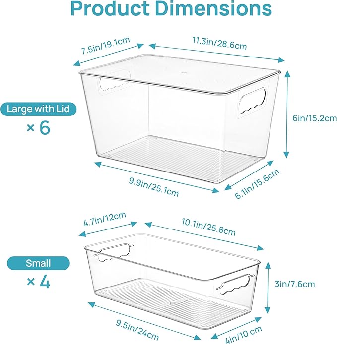 Vtopmart 10 Pack Clear Storage Bins with Lid Set for Pantry Organizer | 6 Large and 4 Small Plastic Pantry Storage Bins with Handle, Storage Containers for Pantry, Kitchen, Fridge, Cabinet