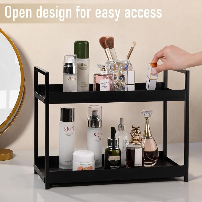 Bathroom Counter Organizer Vanity Storage Countertop Shelf, Large Black | 2 Tier Makeup Organizer Perfume Tray Skincare Holder for Sink, Dresser, Kitchen