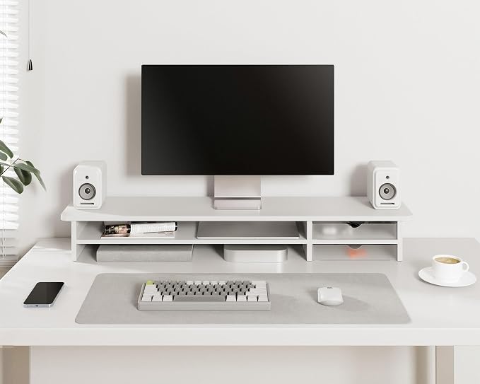 Fenge Monitor Stand, Desk Computer Riser with Frosted Storage Drawer, White | 42.5 Inch Dual Monitor Riser, 2 Tiers, Cable Management, Desk Shelf for 2 Monitors, Ultrawide Screen, Laptop, TV, Home Office