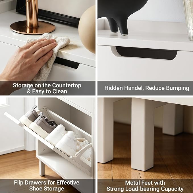 Haotian Slim Shoe Cabinet Entryway | Hidden Shoe Storage with Three Flip Drawers to Save Space, Freestanding Shoe Rack for Front Door, Entryway, Hallway (White)