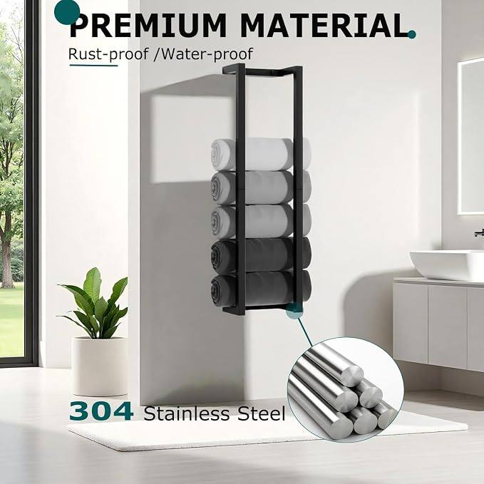 2 Pack Wall Mounted Towel Racks for Rolled Towels,304 Stainless Steel Towel Storage Rack for Bathroom, 30 Inch Bath Towel Holder Matte Black
