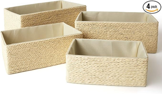 LA JOLIE MUSE Bathroom Basket Organizers, Paper Rope Storage, Beige 4 Pack | Stackable, Sturdy Lined Woven Basket, Organizer for Toilet Paper, Laundry Room Essentials, Shelves and Nightstand Drawers