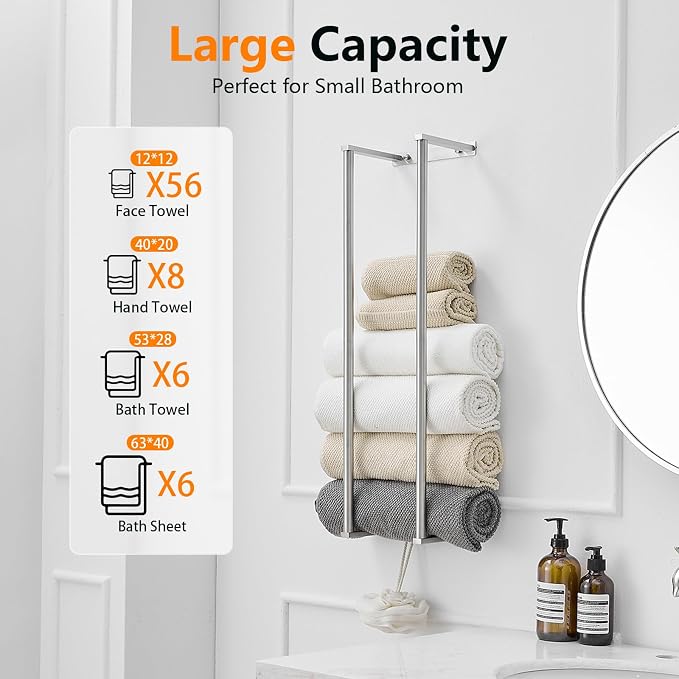 BWE Brushed Nickel Towel Rack Bathroom 28" Towel Holder for Rolled Towels | Stainless Steel Wall Mounted Towel Storage for Bathroom with 2 Hooks, 6 Large Bath Towels Capacity
