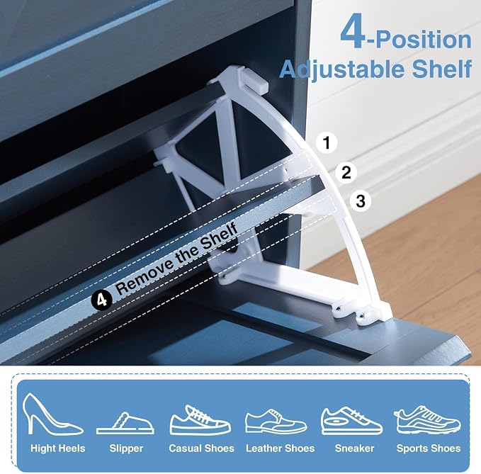 Barnyatoh Farmhouse Shoe Storage Cabinet,Shoe Organizer with 4 Flip Drawers | Freestanding Hidden Slim Narrow Shoe Rack Cabinet,Barn Door Design, Wood Shoes Organizer for Entryway,Foyer,Hallway,Navy Blue