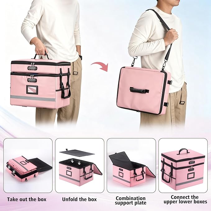 EXLIFBAG 2 Layer File Box with Lock, Portable Document Organizer Box with Handle, Fireproof File Box for Home Office, Legal File Organizer Storage