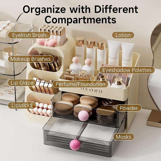 UFORU Makeup Organizer Countertop with Brush Holder for Vanity Bathroom | Large Capacity, Thickened Plastic, 2 Clear Drawers, Compact Size, Detachable Brush Holder, Divided Compartments, Easy Access