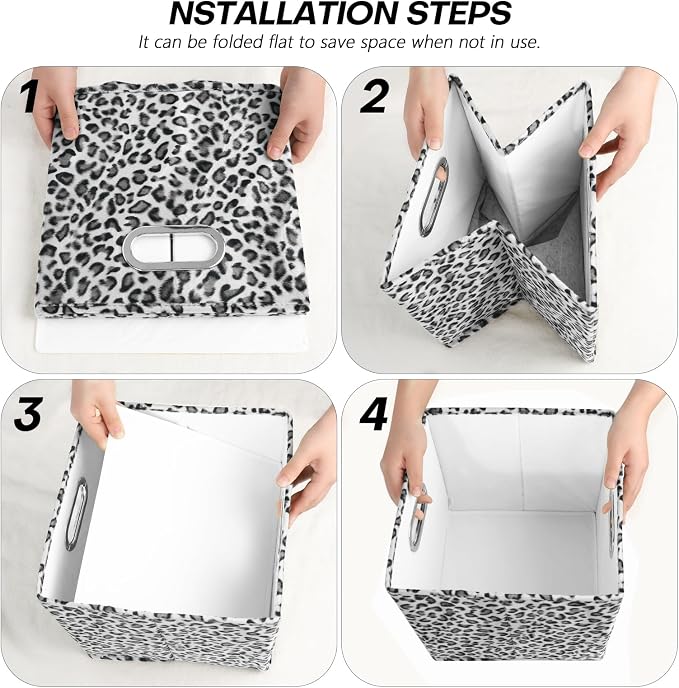 ANMINY Leopard Cheetah Print Storage Cubes Bins, Velvet, Gray, 13Inch 2PCS | Collapsible & Washable, PP Board Frame, Built-in Metal Handles, Animal Themed Fabric Cubes Baskets for Closet Shelves Decor