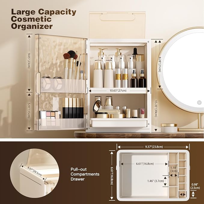 Makeup Organizer with Drawers and Lid, Large Skincare Organizer for Vanity, Dustproof Cosmetic Organizer and Makeup Storage Box with Brush Holder for Dresser, Bathroom Countertop