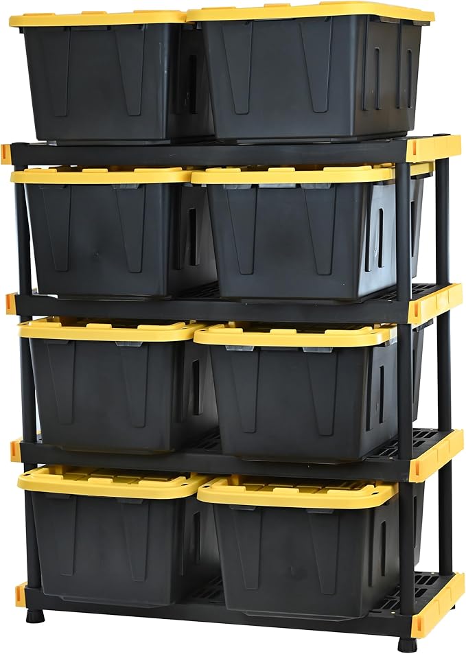 CX Heavy Duty 4-Tier Garage Storage Shelves + 8-pack 27-Gallon Bins & Lids | Garage organizing system with 4-tier shelf + 8 plastic 27-gal totes, 200 lbs/shelf, 50.1H x 48W x 20D, Black & Yellow