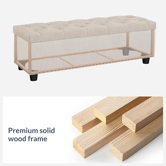 BELLEZE Storage Ottoman, Tufted Ottoman with Close Hinge, Foot Rest for Living Room (Beige, 47 inch)