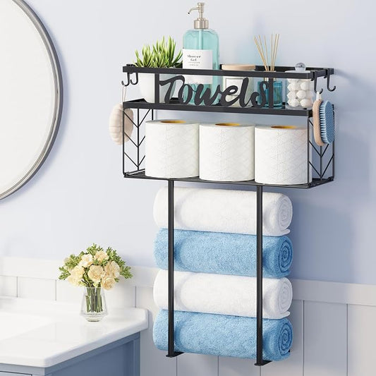 HapiRm Wall Towel Rack for Bathroom, Paper Towel Holder for Above Toilet | Metal Rolled Towel Storage with 4 Hooks Space-Saver Towel Shelf Organizer For Bathtub, Vanity, Small Bathroom, RV, Camper