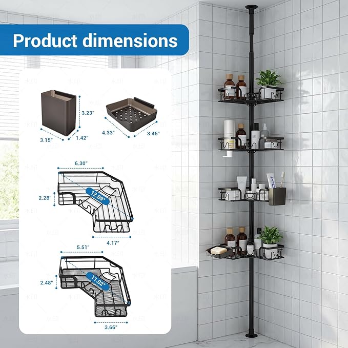 4-Tier Corner Shower Caddy Tension Pole, Floor to Ceiling Shower Corner Shelf Organizer with Soap Hold No-Drill 23.6-114.5 Inch