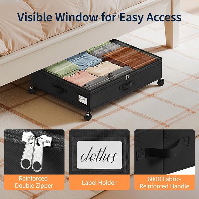 Yecaye 80L Large Under Bed Storage Containers with Wheels, 2 Pack, Black | 80L Capacity, Space-saving, 360° Rolling Wheels, Clear Window & Label, Sturdy Fabric, For Clothes, Shoes, Blankets