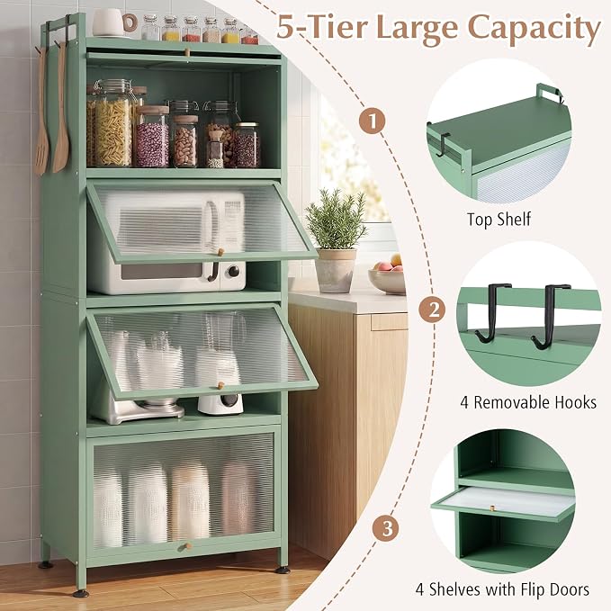 Giantex 5-Tier Kitchen Storage Cabinet, Freestanding Metal Pantry Cabinet w/ 4 Flip-up PC Doors, 4 Hooks & Adjustable Feet, 60” Tall Bakers Rack Microwave Stand for Dining Room, Living Room, Green
