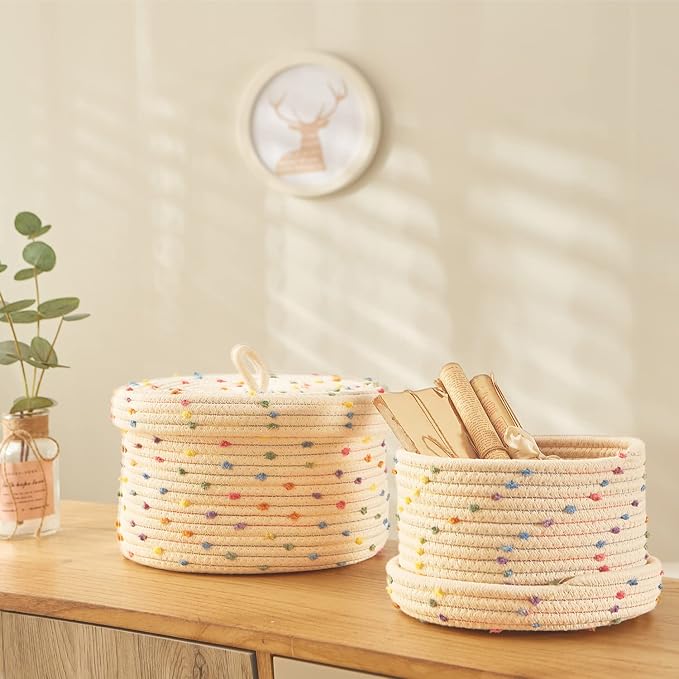 2pcs Small Basket, Cute Basket with Lid & Decorative Bin for Storage | small woven basket rope basket decorative basket gift basket