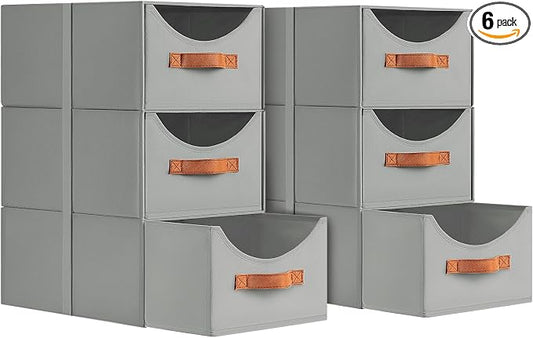 Homsorout Stackable Storage Drawers - Collapsible Storage Bins with Drawers, 6 Pack Closet Shelf Organizer Basket, Fabric Pull Out Organizer for Bedroom, Living Room, Dorm, Grey