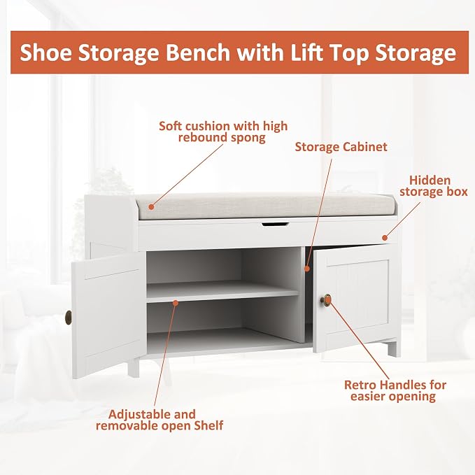 HOMEFORT 30" Shoe Bench with Lift Top Storage, Entryway Bench with Cushioned Seat, Wooden End of Bed Bench, Shoe Cabinet Bench with Hidden Storage Space, for Bedroom, Hallway,White