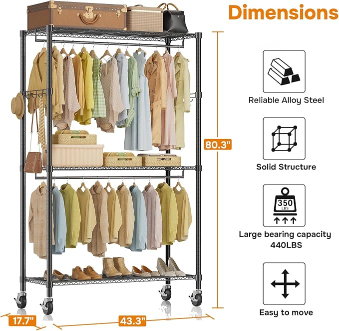 Simple Deluxe Rolling Clothes Rack, Heavy Duty Clothing Rack, 3-Shelf Portable Adjustable Wardrobe Closet with Wheels, Hanging Rods & Side Hooks, 43.3" W x 17.7" D x 80.3" H, Black