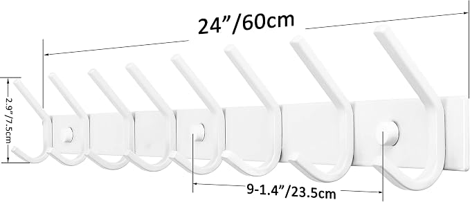WEBI Coat Rack Wall Mount,8 Hooks,24" Long Coat Hooks Wall Mounted,Coat Hanger Wall,Hook Rack,Jacket Hooks for Hanging Coats,Hat,Clothes,White,2 Packs