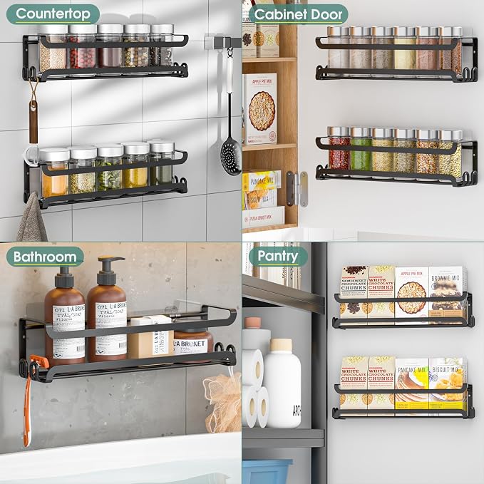 LUCYCAZ 2 Pack Wall Mounted Spice Rack for Spice Jars & Seasonings (Black) | 8 Metal Hooks, Space-Saving,Screw or Adhesive Spice Shelf Hanging,for Kitchen Cabinet,Pantry Door,RV,Camper Spice Orgnaizer
