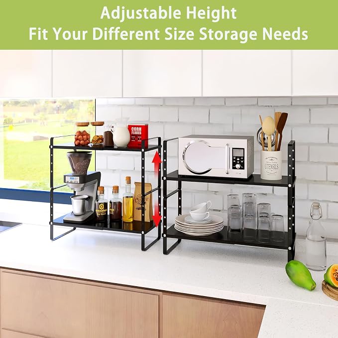 Across-Star Expandable Cabinet Shelf Organizer Rack, Stackable Kitchen Countertop Organizer Storage Shelves, Adjustable Height Pantry Counter Shelf Riser Spice Rack (Black, 2 Pack)