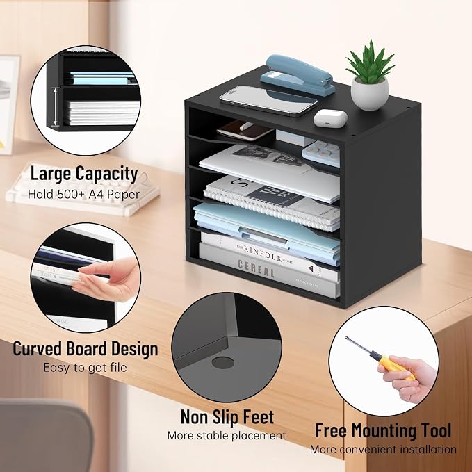 5-Tier Paper Organizer for Desk, Adjustable Mail Organizer, Black | 5-Tier Paper Organizer and Mail Organizer for Desk with Adjustable Shelves for Letter Size Files Folders and Office Supplies