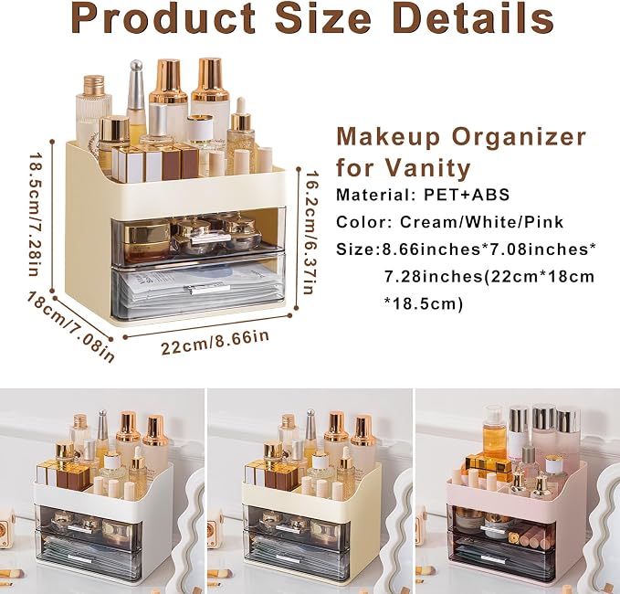 DASITON Makeup Organizer with 2 Drawers, Large Capacity Makeup Cosmetic Organizers for Vanity Dresser Bathroom Countertop, Vanity Organizer Makeup Storage Box for Skincare, Eyeshadow, Lotions (Cream)