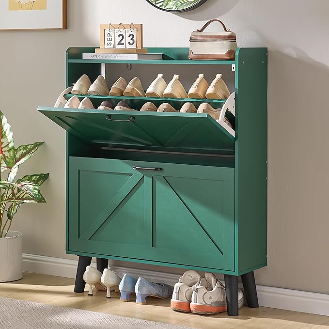 LEYAOYAO Shoe Cabinet Storage for Entryway with 2 Flip Drawers Rack Narrow Organizer Slim Hidden Wood Shoe Cabinet Furniture Green