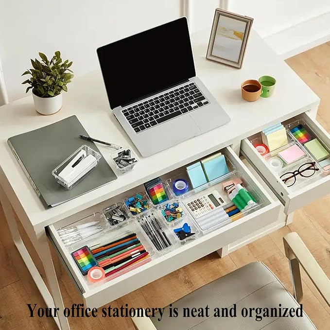 16 Pcs Upgraded Extendable Clear Drawer Organizer, Adjustable Vanity Storage Box, 3-Size Desk Drawer Organizer, Durable Storage Bins for Makeup, Cosmetic, Bedroom Dressers Tool Organizer for Gadgets