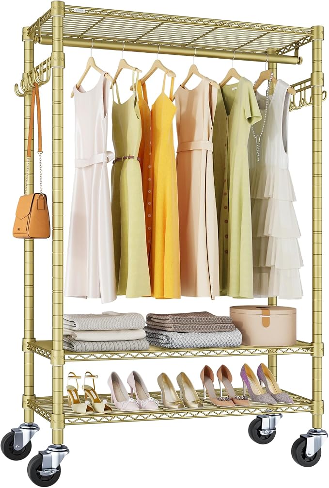 VIPEK R3 Portable Closet for Hanging Clothes Rolling Clothes Rack | Lockable Silent Wheels, Adjustable Wire Shelving, Metal Side Hooks, Load 374lbs, Space-Saving Storage for Apartment, Gold