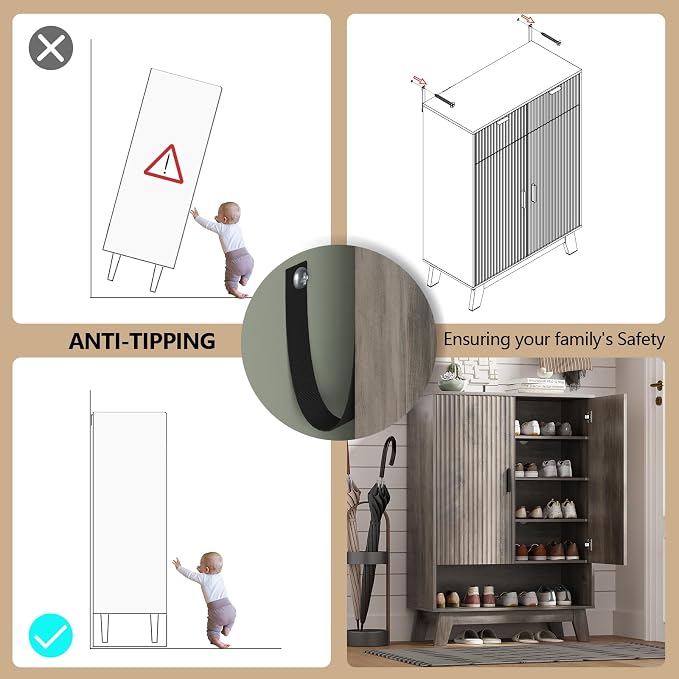 HUANLEGO Shoe Cabinet Storage for Entryway with Doors, Grey | 5 Tier Fluted Shoe Organizer with Adjustable Shelves, Shoe Storage with Wooden Legs, Freestanding Shoe Rack for Entryway