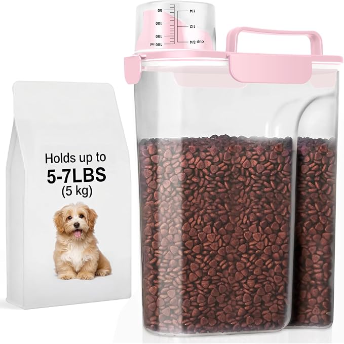 LEAWALK 5-7Lbs/6Qt Dog Cat Storage Container Portable with Upgraded Large Spout and Cup, Plastic Pet Food Dispenser for Small Animal Kibble, Bird Seed, Oatmeal, Rice, Flour, Brown Sugart- Light Pink