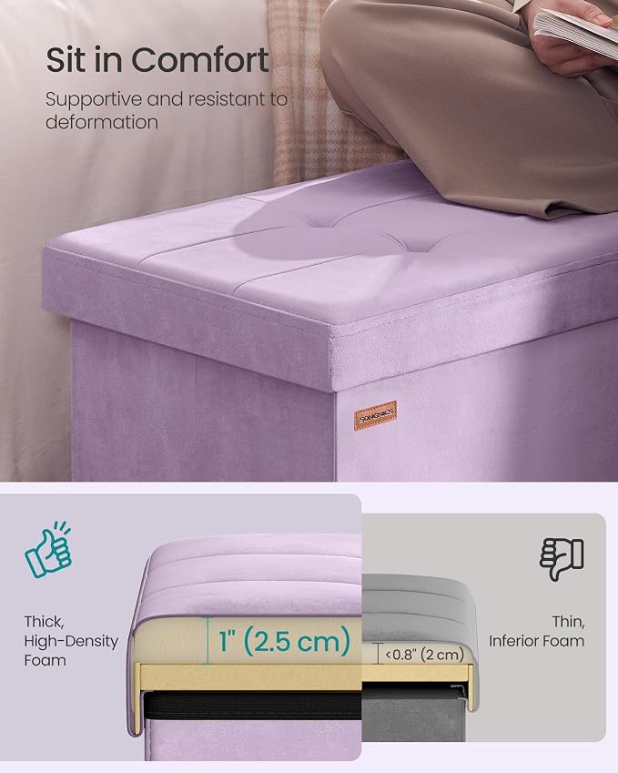 SONGMICS Velvet Storage Ottoman, Folding Storage Bench for Bedroom, Toy Chest, Ottoman Coffee Table, 15 x 43.3 x 15 Inch, Hibiscus Purple, Entryway Shoe Bench, MINOTA Collection ULSF078PE01